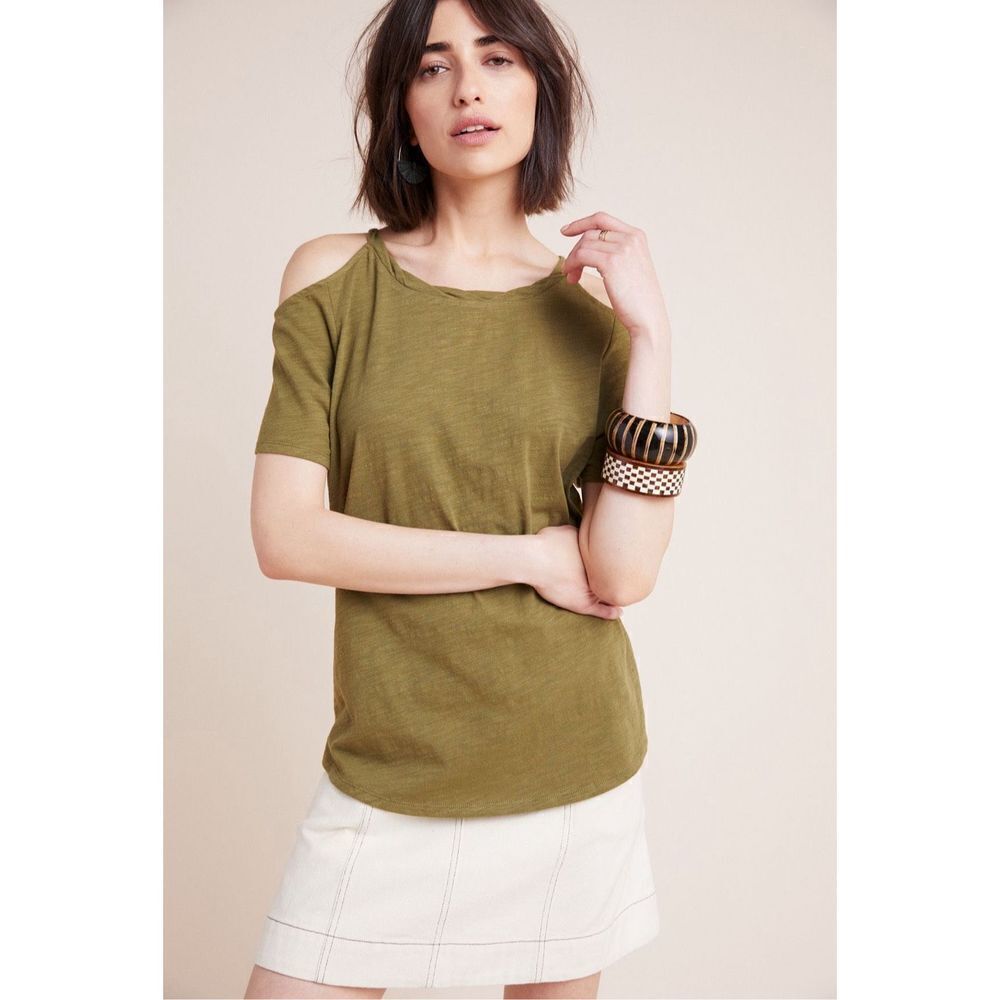 Anthropologie Maeve Turner Open-Shoulder Olive Green Top Size S